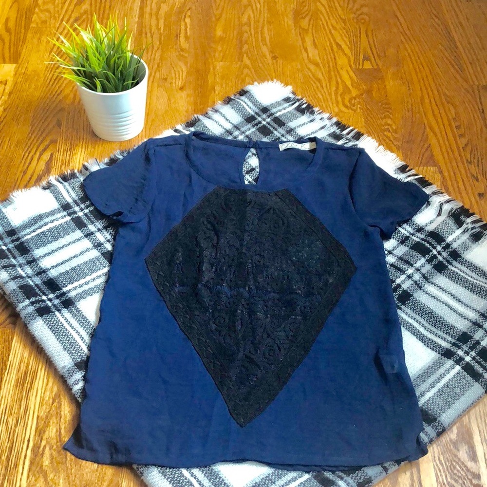 Chloe K Navy Blouse w/Black Lace Detail